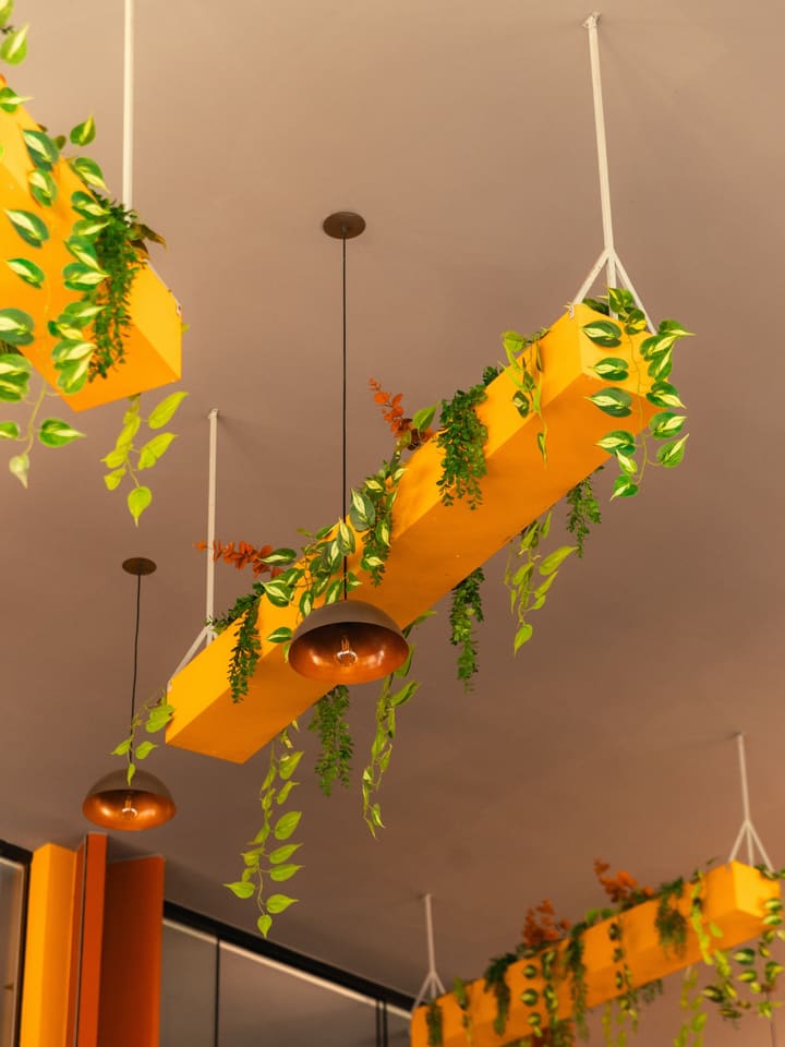 Floreiras amarelas com plantas pendentes e luminárias de cobre